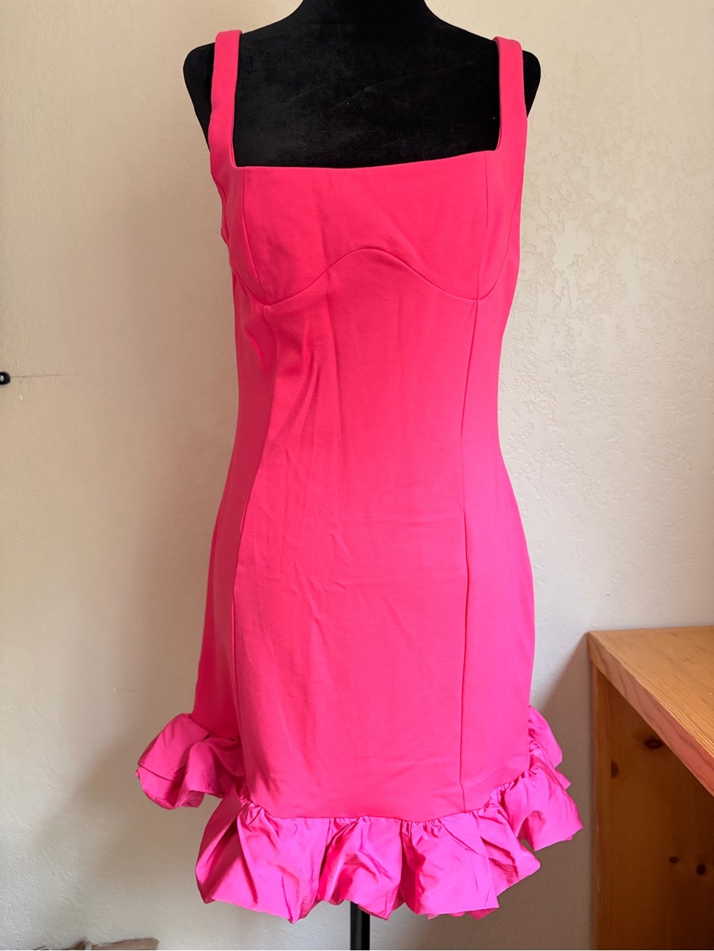 Fitted Hot Pink Square-Neck Mini Dress with Ruffle Hem